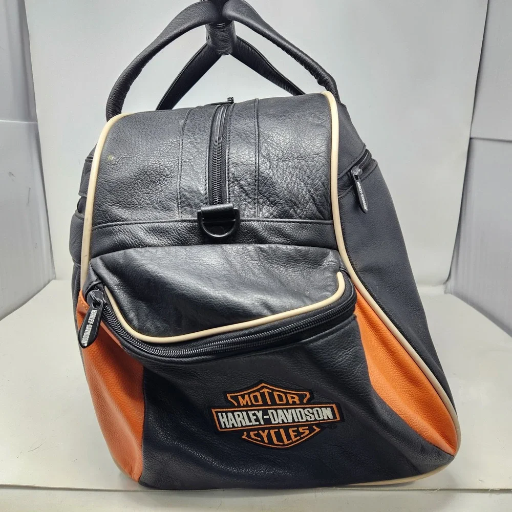 Harley-Davidson Black Leather Duffle Bag Orange Trim Biker Travel Weekend Bag